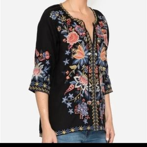 Johnny Was Black Navy Embroidered Floral Tiwa Tunic Top